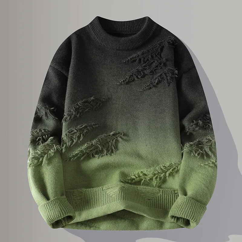 Fashionable men's distressed pullover sweater with an ombre gradient effect, a trendy long-sleeve casual top.