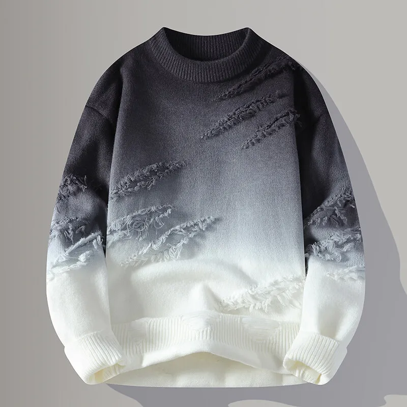 Textured men's long-sleeve distressed sweater, a stylish pullover with a unique casual streetwear aesthetic.