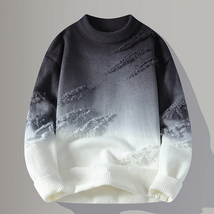 Textured men's long-sleeve distressed sweater, a stylish pullover with a unique casual streetwear aesthetic.