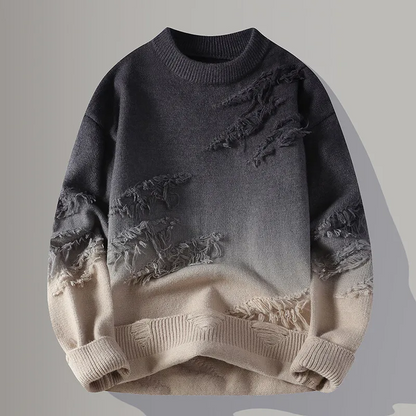 Casual men's Frayborn distressed pullover sweater, a long-sleeve fashion piece with a unique, edgy look.