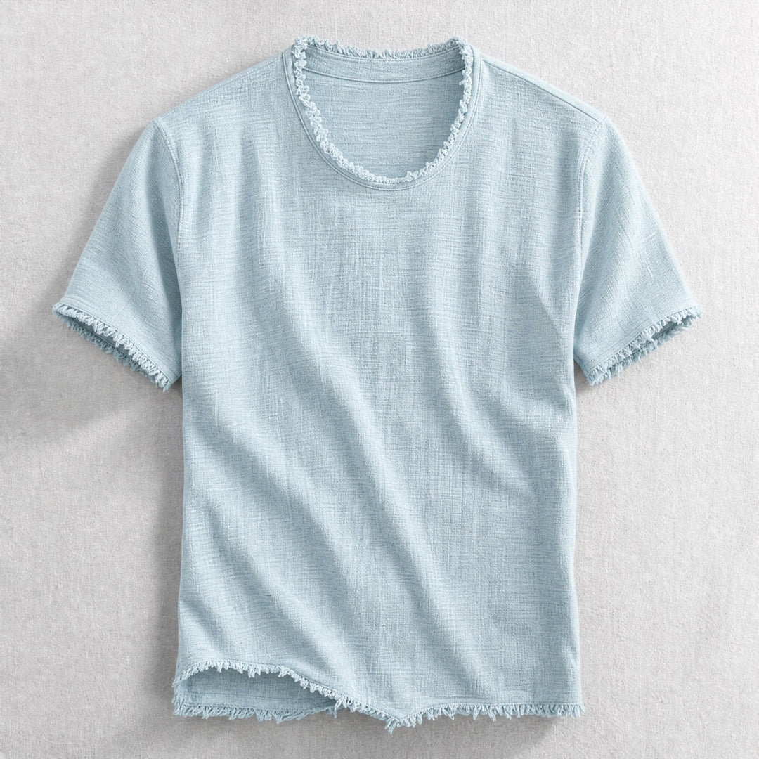 Men's frayed edge cotton blend t-shirt, short sleeve, a stylish casual tee for everyday wear.