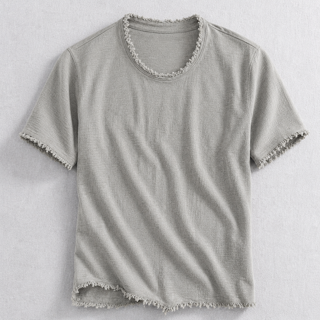 Everyday casual men's cotton blend short sleeve t-shirt with a stylish frayed edge design.