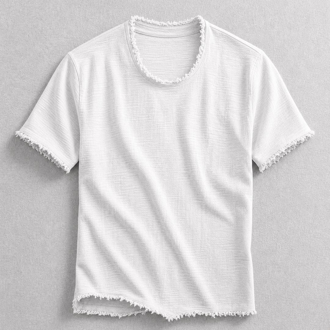 Stylish men's casual tee, short sleeve, soft cotton blend with unique frayed edge detail.