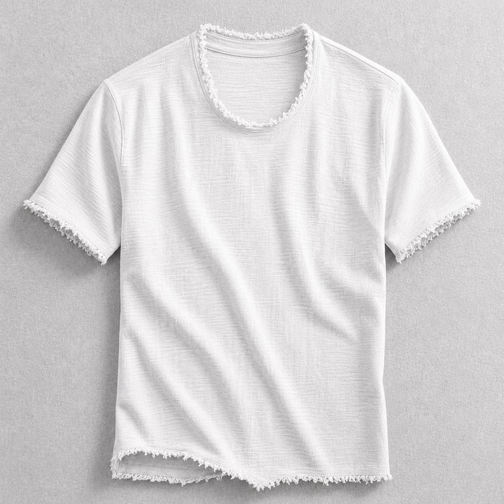Stylish men's casual tee, short sleeve, soft cotton blend with unique frayed edge detail.