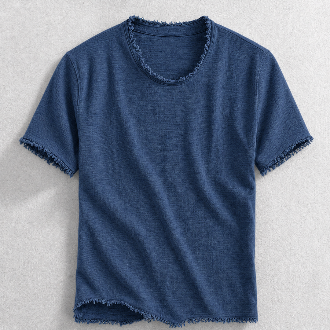 Soft, comfortable men's cotton blend t-shirt with trendy frayed edge, perfect for casual everyday wear.