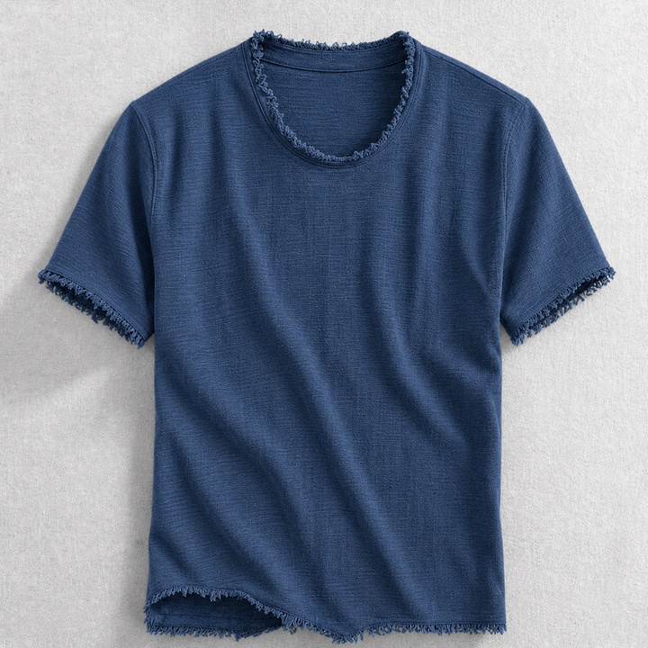 Soft, comfortable men's cotton blend t-shirt with trendy frayed edge, perfect for casual everyday wear.