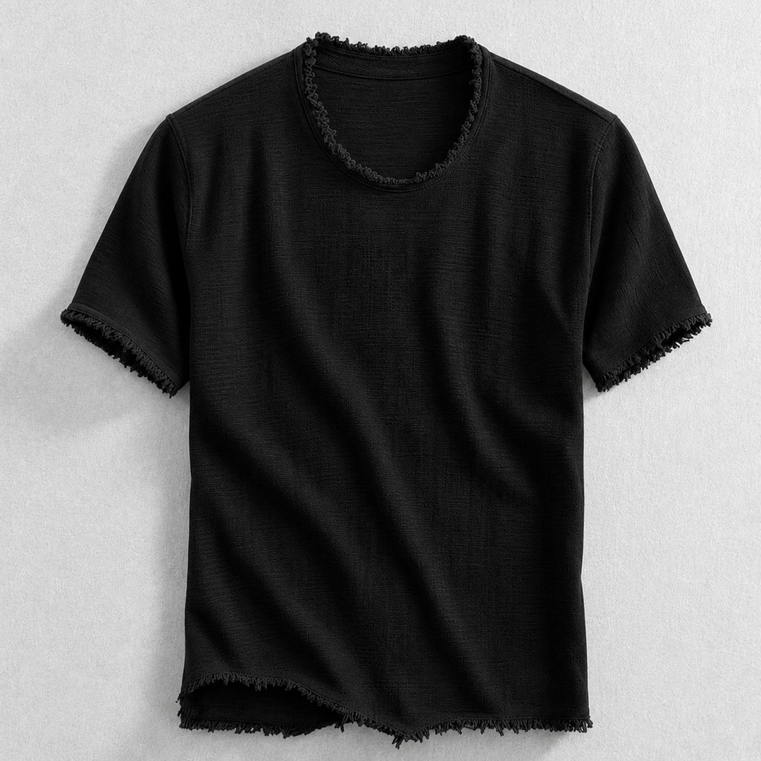 Men's short sleeve casual t-shirt, cotton blend, unique frayed edge detail, for modern everyday style.