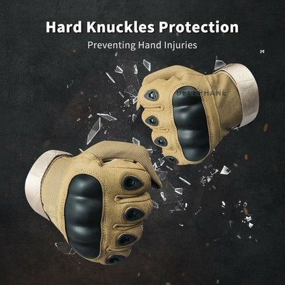 Close-up of hard knuckle tactical gloves for men, featuring touch screen fingertips and durable design