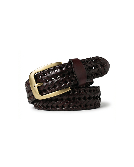Men's full-grain braided leather belt with a custom fit & stylish brass buckle. Durable & rugged accessory.