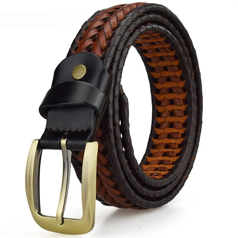 Durable men's leather belt, hand-braided from full-grain leather, with a sleek brass buckle & custom fit.