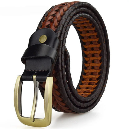 Durable men's leather belt, hand-braided from full-grain leather, with a sleek brass buckle & custom fit.