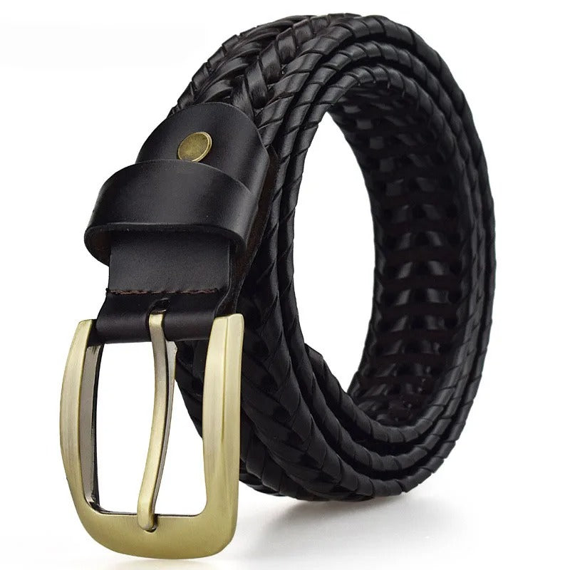 Classic men's accessory: full-grain braided leather belt with durable brass buckle & custom sizing.