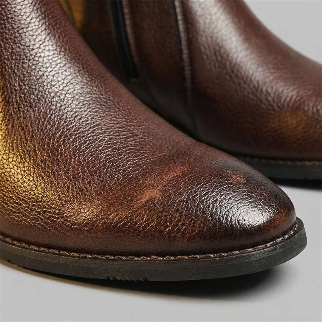 Sturdy men's full-grain leather work boots. Provides excellent protection and comfort for long days.