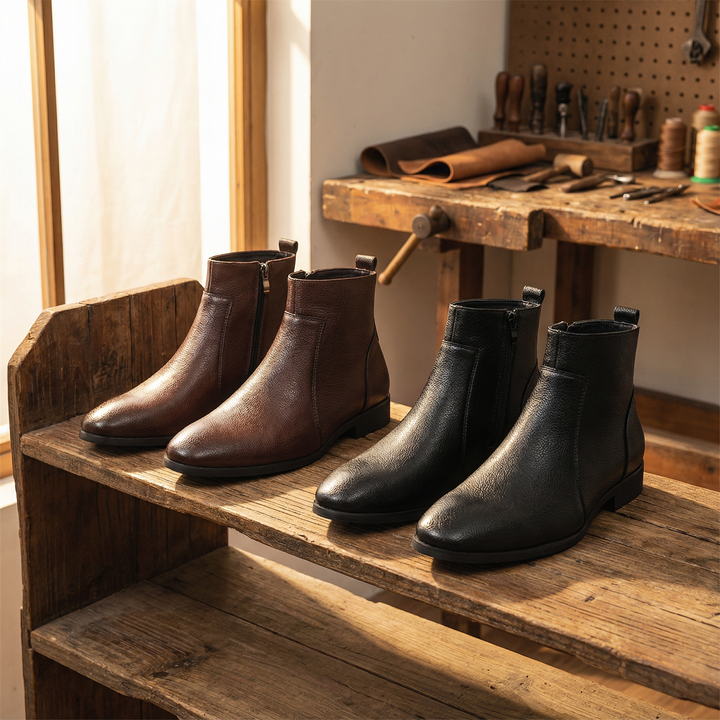 Expertly crafted men's full-grain leather ankle boots. Durable, comfortable, and a sleek addition to fall fashion.