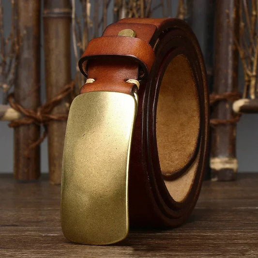 Men's full-grain leather belt with a durable brass buckle, perfect for both dress and casual wear.