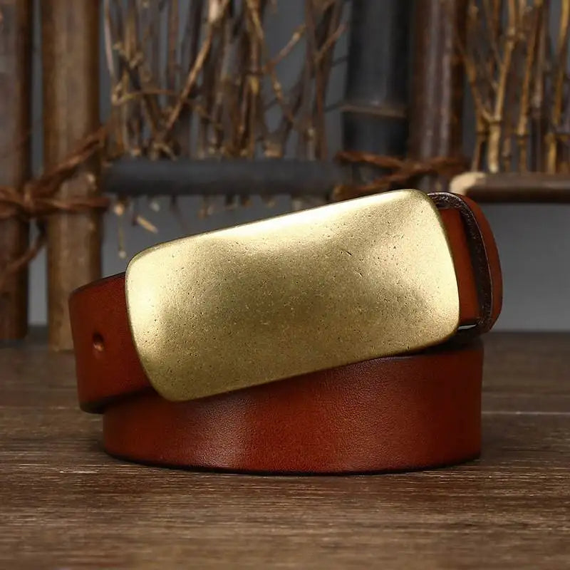 Durable men's full-grain leather belt, expertly crafted with a robust brass buckle for lasting wear.