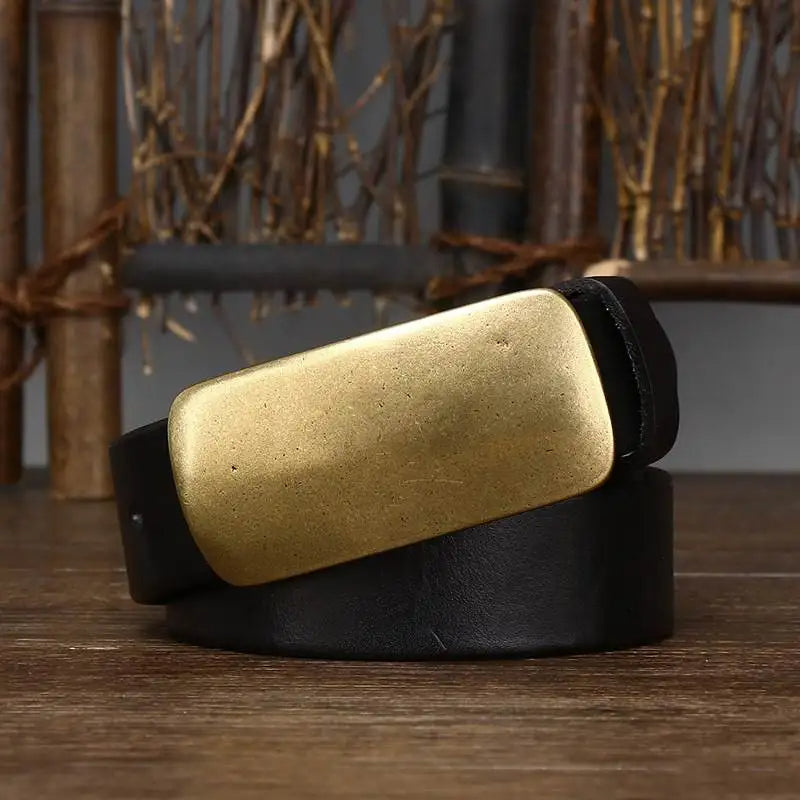Men's durable full-grain leather belt with a distinctive brass buckle. Essential men's fashion accessory.