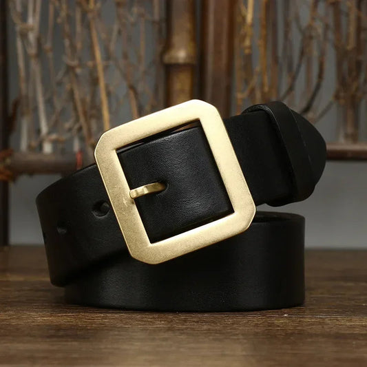 Men's full-grain leather belt with a polished solid brass buckle, ideal for versatile dress or casual wear.