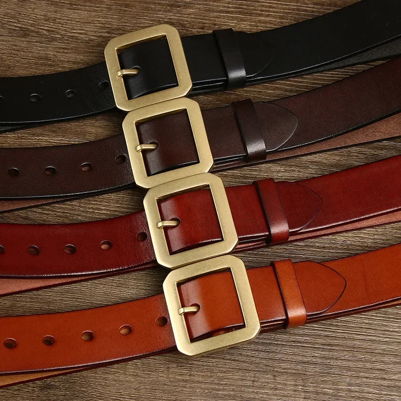 Stylish men's full-grain leather dress or casual belt, featuring a secure and durable solid brass buckle.