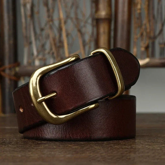 Men's full-grain leather belt with durable brass buckle, perfect for classic everyday style.