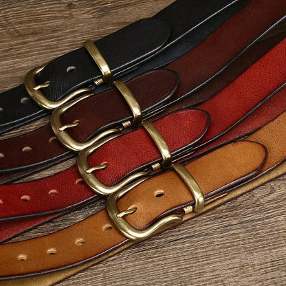 High-quality men's full-grain leather belt, showcasing its rich texture & durable brass buckle.