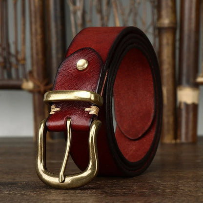 Handcrafted look of a full-grain leather belt, featuring robust stitching and a durable design.