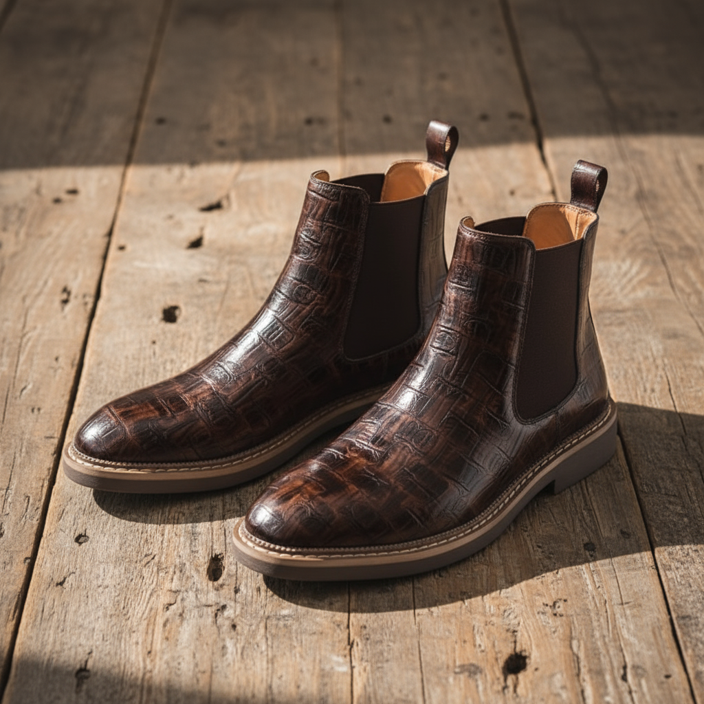 Dark brown full-grain leather Chelsea boots for men, perfect for both casual and dressy outfits.
