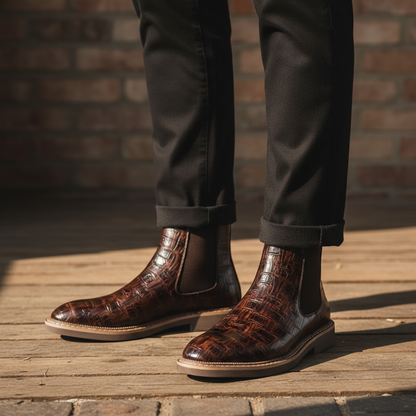 Black full-grain leather men's Chelsea boots, premium durable footwear for modern fashion.