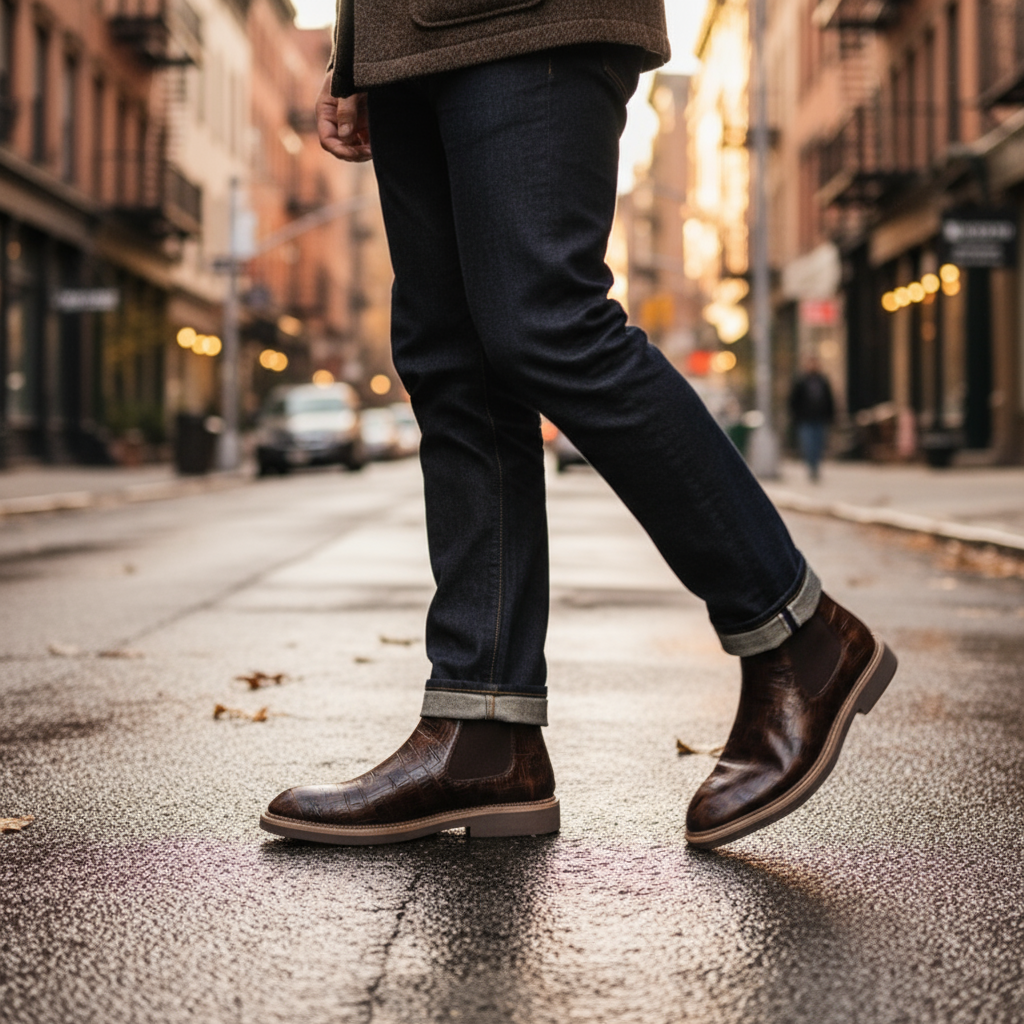Slip-on men's full-grain leather ankle boots, comfortable and easy to wear Chelsea style.