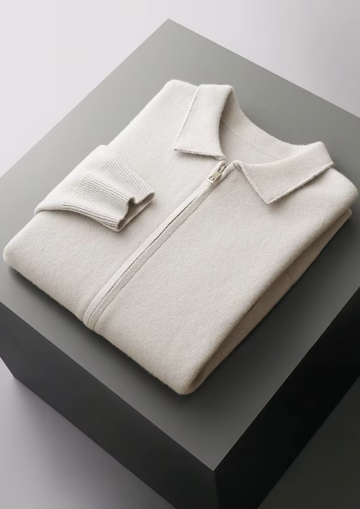 Elegant men's full-zip collared cardigan. A timeless smart casual layer for refined men's fashion.