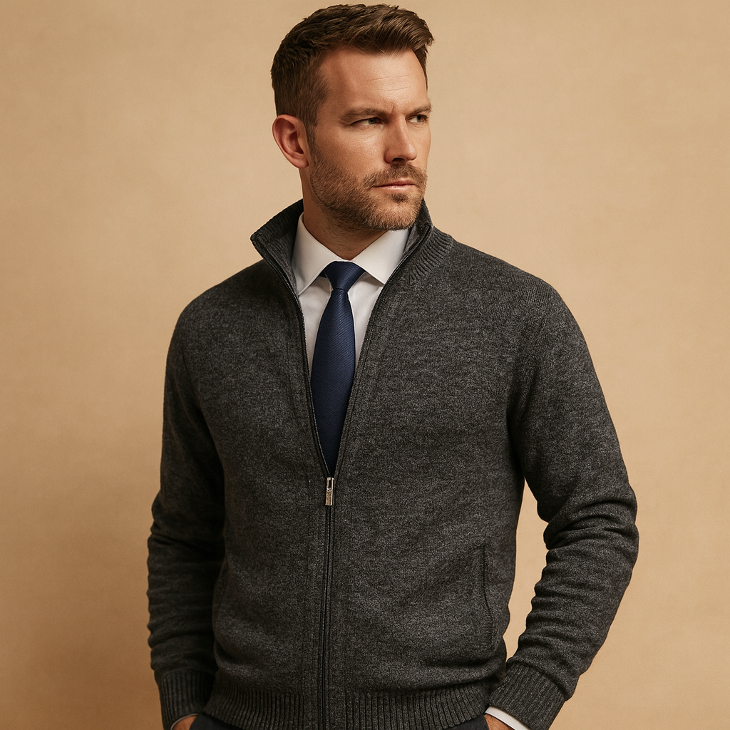 Comfortable men's everyday full-zip sweater. Soft knitwear for versatile layering in fall & winter fashion.