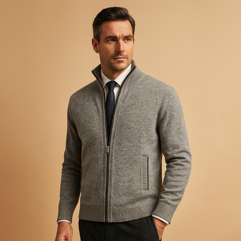 Versatile men's zipped cardigan. Ideal full-zip knitwear for fall fashion, winter wear & casual everyday layering.