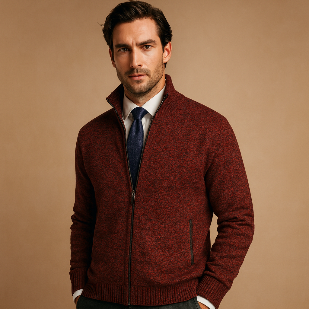 Everyday men's zipped cardigan, a stylish full-zip knit sweater for comfortable fall & winter fashion.
