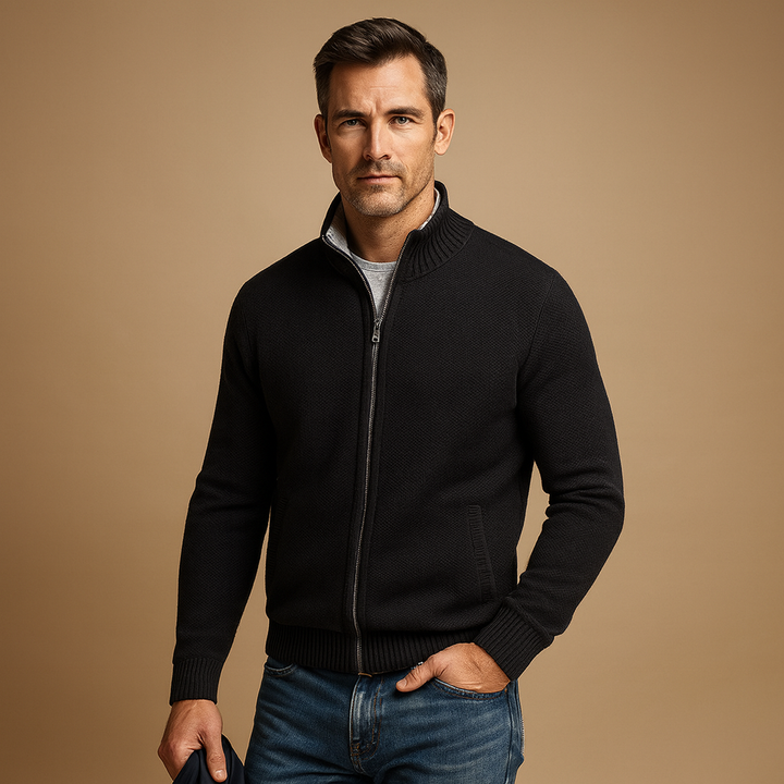 Practical men's full-zip cardigan for easy layering. Comfortable knitwear, perfect for everyday fall & winter style.