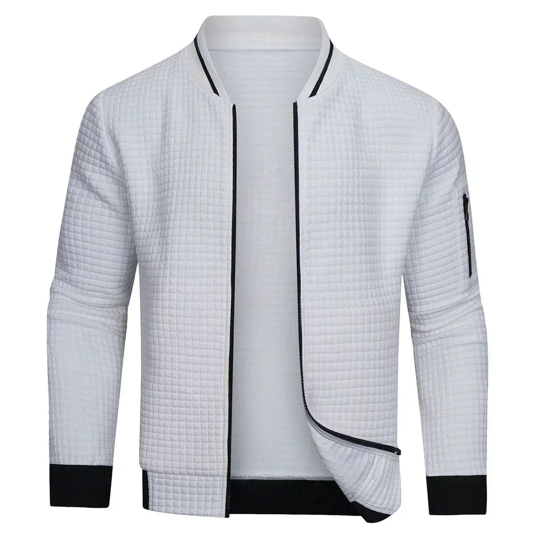Men's full-zip textured grid cardigan in a smart casual style, perfect for layering and fall fashion.