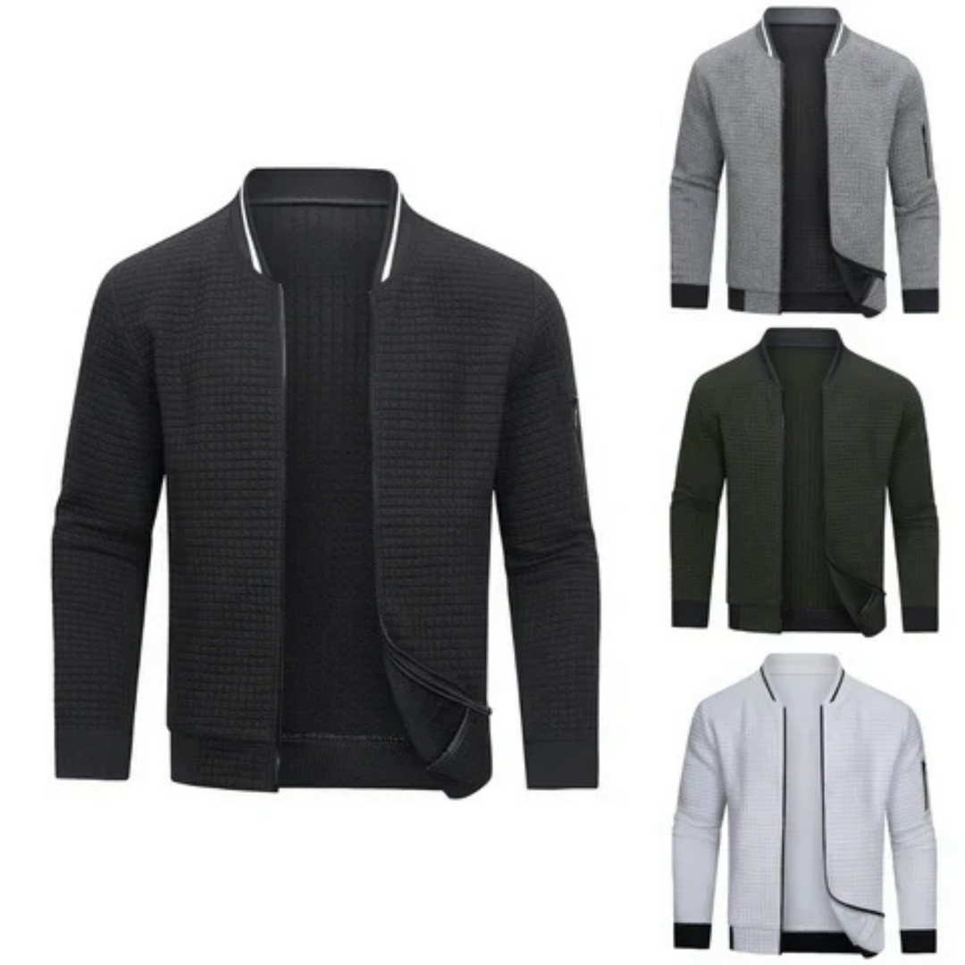 Close-up of a men's Mitchell full-zip cardigan showing the textured knit and subtle grid pattern.