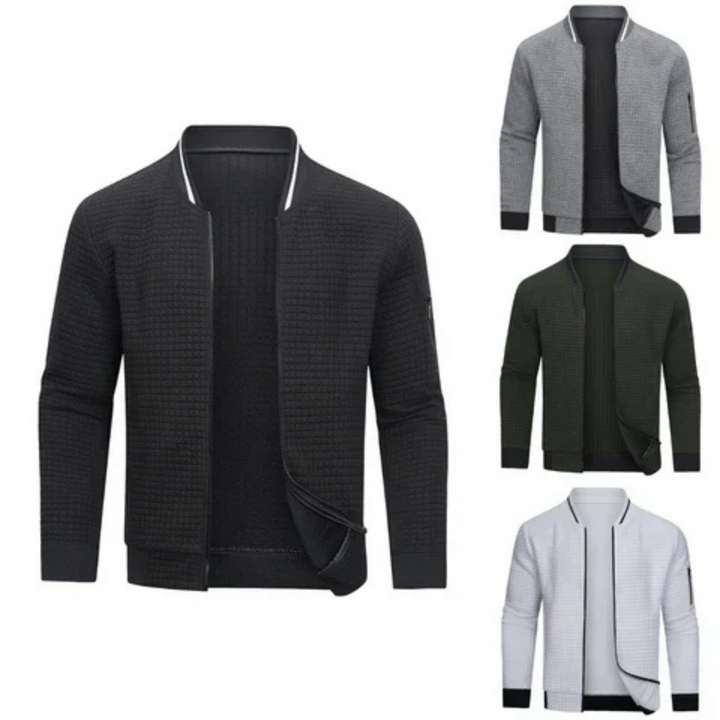 Close-up of a men's Mitchell full-zip cardigan showing the textured knit and subtle grid pattern.