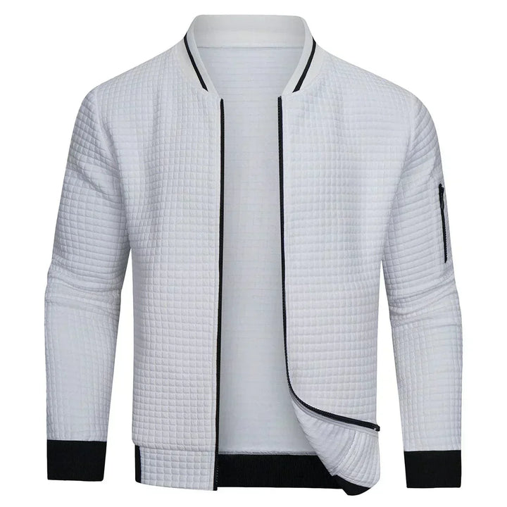 Comfortable men's long-sleeve full-zip cardigan, a versatile layering piece for everyday smart casual wear.