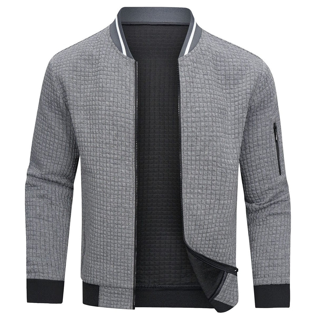 Stylish men's full-zip textured knit cardigan, a modern fall fashion outerwear for men.