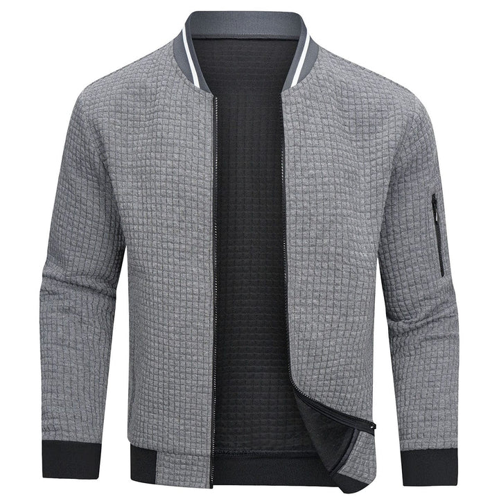Stylish men's full-zip textured knit cardigan, a modern fall fashion outerwear for men.