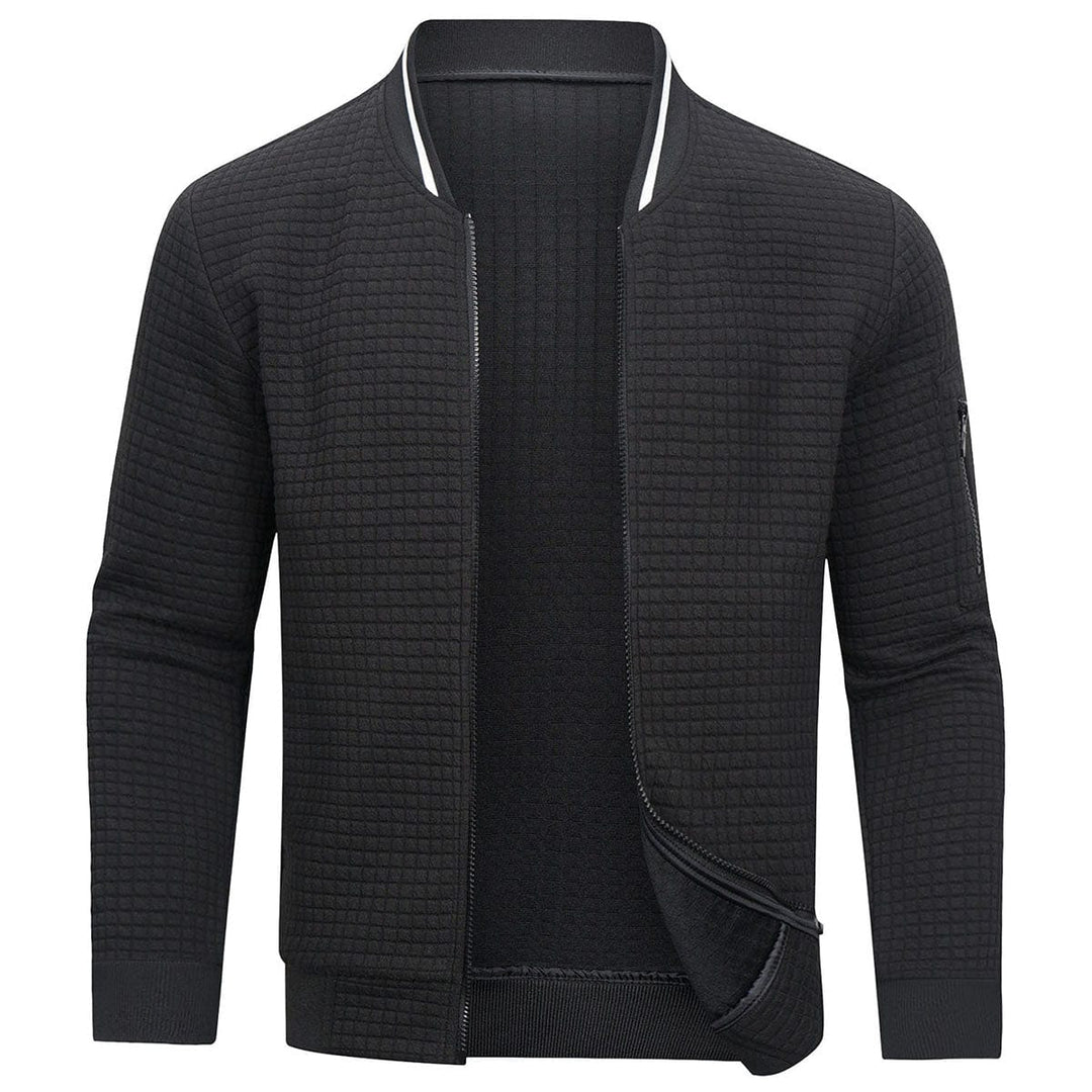 Front view of a men's full-zip textured grid cardigan, ideal for everyday wear and layering.