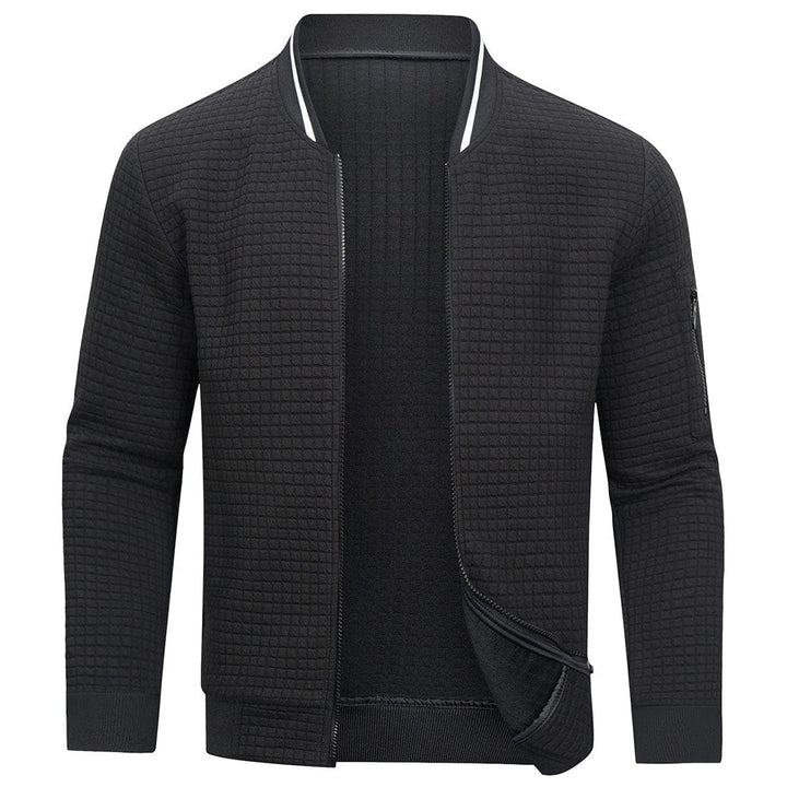 Front view of a men's full-zip textured grid cardigan, ideal for everyday wear and layering.