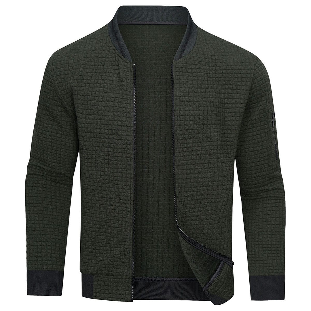 Men's Mitchell full-zip cardigan featuring a comfortable textured knit and stylish grid pattern.
