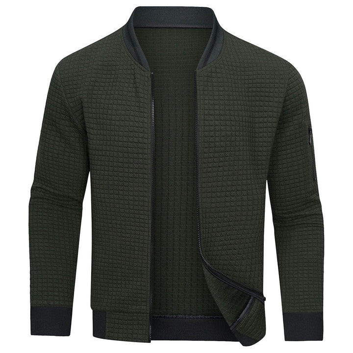 Men's Mitchell full-zip cardigan featuring a comfortable textured knit and stylish grid pattern.