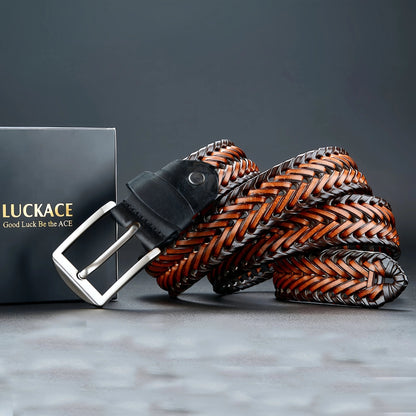 Men's genuine cowhide woven leather belt, durable & classic style fashion accessory.