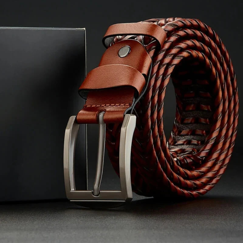 Timeless men's braided cowhide leather belt, a durable fashion accessory for classic style.