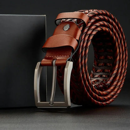 Timeless men's braided cowhide leather belt, a durable fashion accessory for classic style.