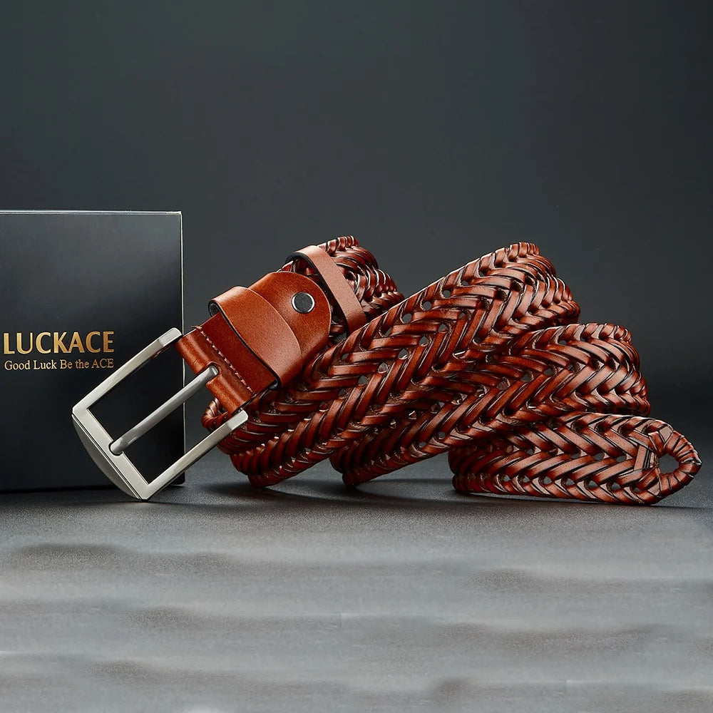 Premium men's woven genuine leather belt, a durable and stylish accessory for timeless fashion.