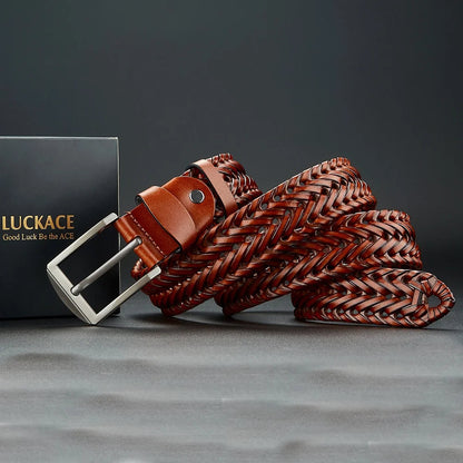 Premium men's woven genuine leather belt, a durable and stylish accessory for timeless fashion.