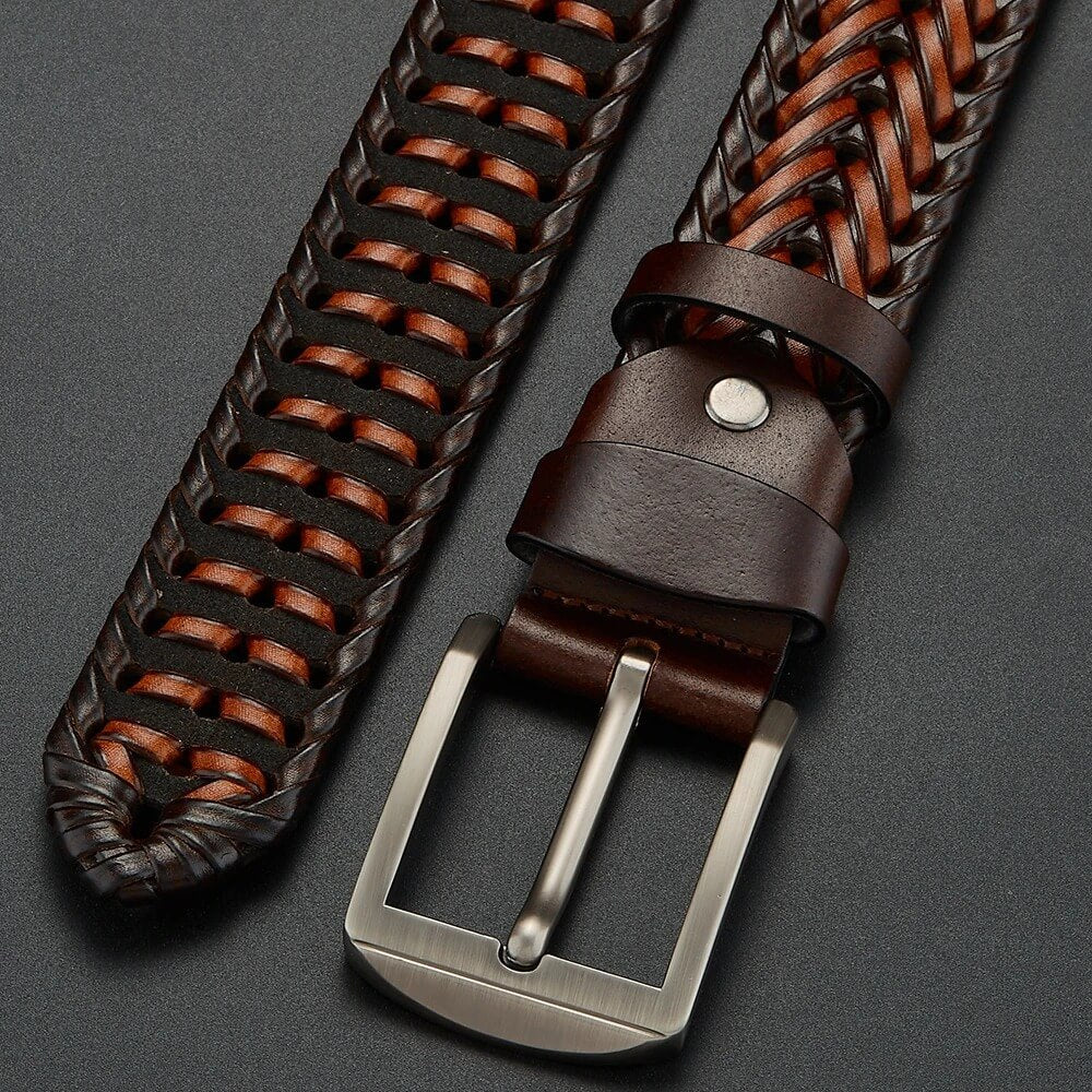 Durable men's woven leather belt for classic, timeless style and long-lasting wear.